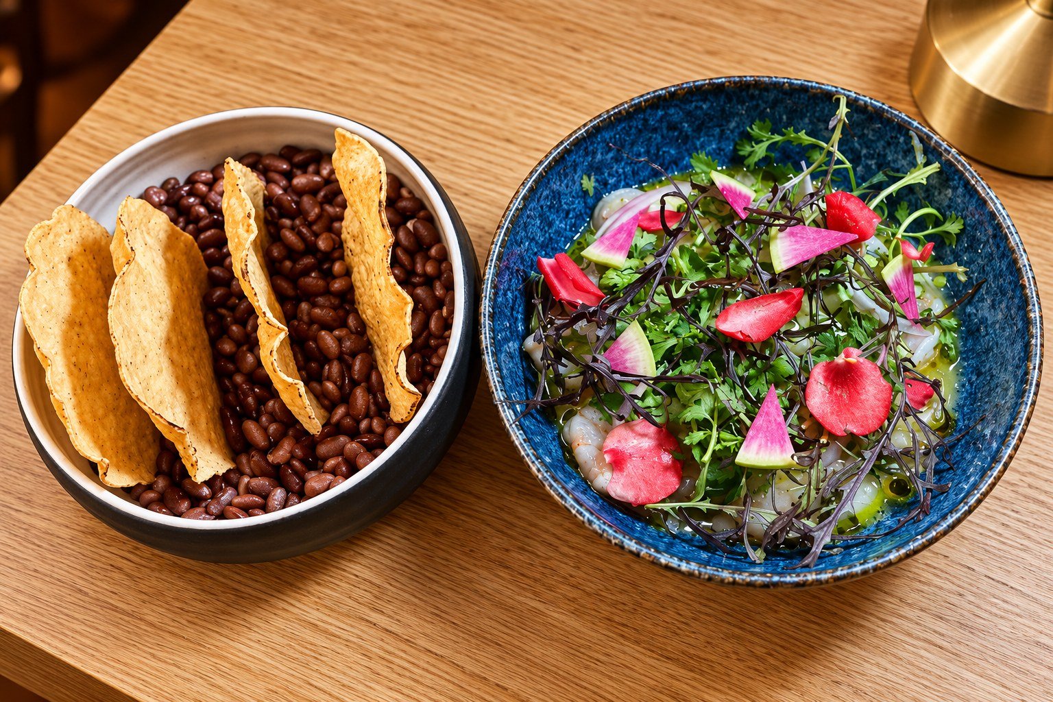 Entrada fresca con frijoles y tostadas